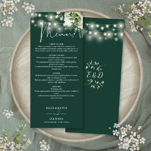 Emerald Green Floral String Lights Wedding Dinner Menu
