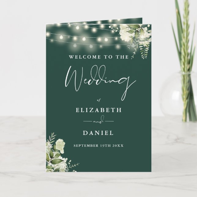 Emerald Green Floral String Lights Wedding  Program (Front)