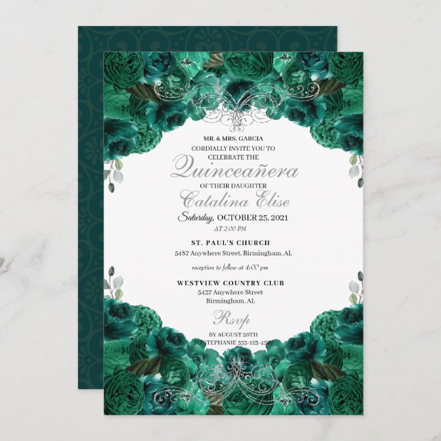 Emerald Green Floral Sweet 15 Quinceanera Invitation (Front/Back)