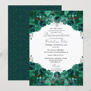 Emerald Green Floral Sweet 15 Quinceanera Invitation