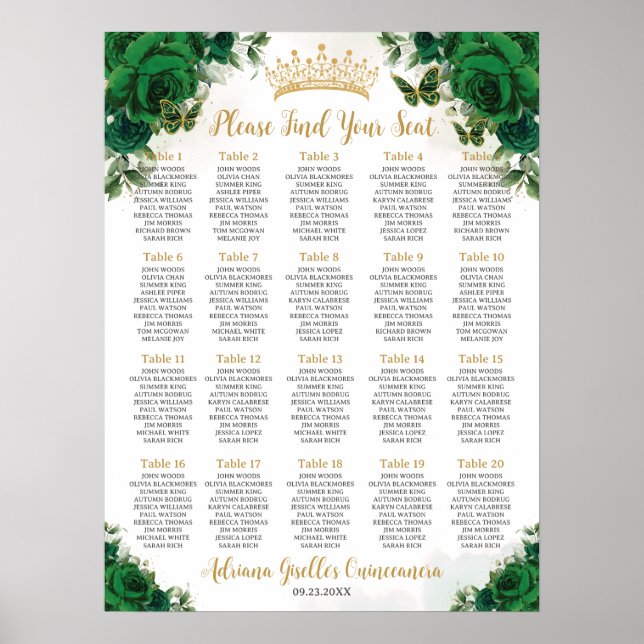 Emerald Green Floral Sweet 16 Quinceanera Seating Poster (Front)
