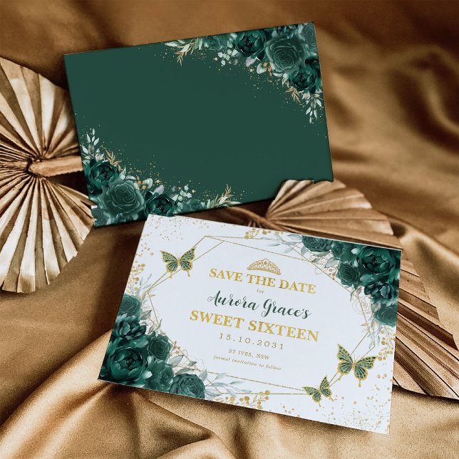 Emerald Green Floral Sweet Sixteen Save the Date Announcement (Creator Uploaded)