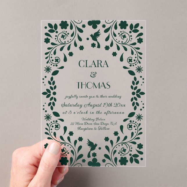Emerald Green Floral Talavera Wedding Acrylic Invitations (Insitu (Handheld))