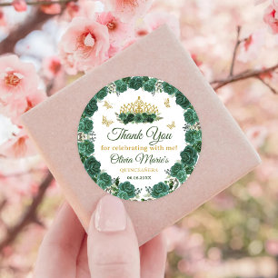 Emerald Green Floral Tiara Butterfly Quinceanera  Classic Round Sticker