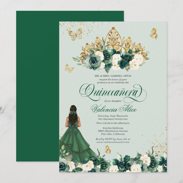 Emerald Green Floral Tiara + Butterfly Quinceanera Invitation (Front/Back)