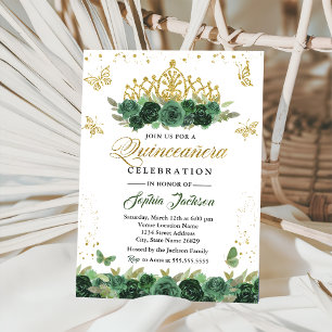 Emerald Green Floral Tiara Butterfly Quinceanera  Invitation