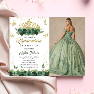 Emerald Green Floral Tiara Butterfly Quinceanera  Invitation