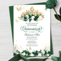Emerald Green Floral Tiara + Butterfly Quinceanera