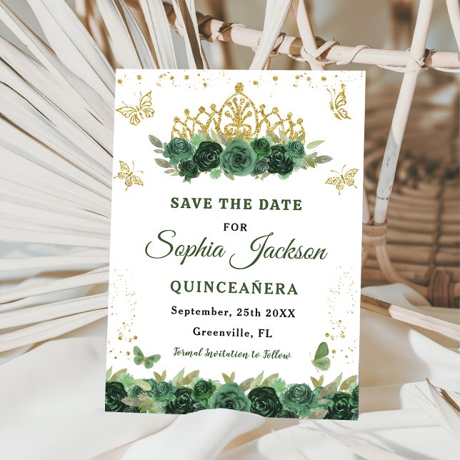 Emerald Green Floral Tiara Butterfly Quinceanera Save The Date (Creator Uploaded)