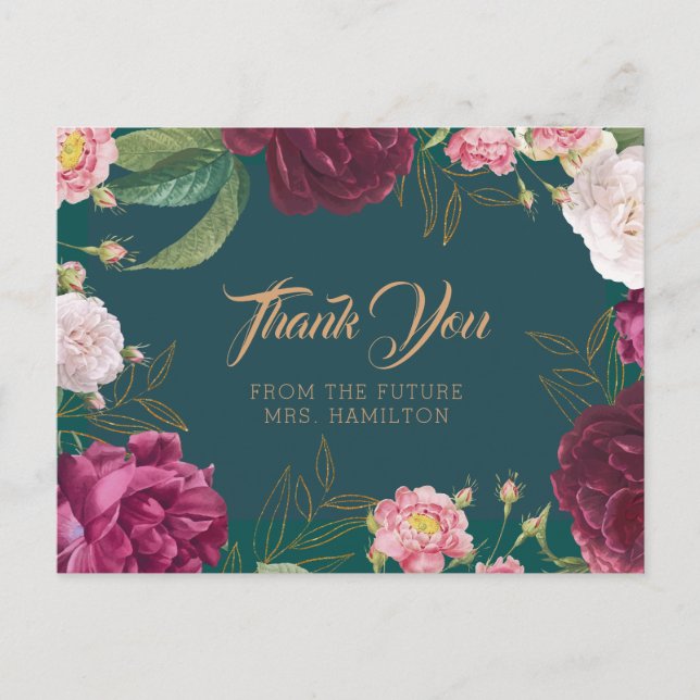  Emerald Green Floral Weddig Flat Thank You Card (Front)