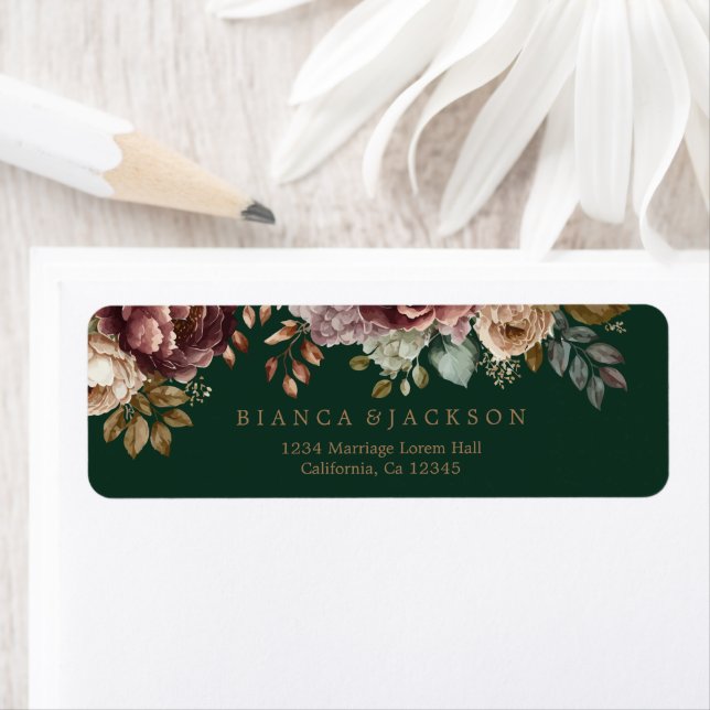 Emerald green floral Wedding Return address Label (Insitu)