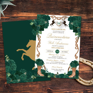 Emerald Green Floral Western Charra Quinceanera Invitation