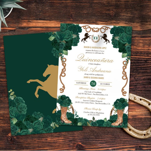 Emerald Green Floral Western Charra Quinceanera Invitation (Creator Uploaded)