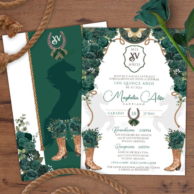 Emerald Green Floral Western Charro Quinceañera Invitation (Creator Uploaded)