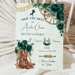 Emerald Green Floral Wild West Charro Quinceañera  Save The Date<br><div class="desc">This chic Quinceañera save the date features watercolor emerald green floral, floral adorned cowboy boots, a horseshoe and western themed elements. Personalise it with your details easily and quickly, simply press the Edit Using Design Tools button to further re-arrange and format the style and placement of the text. (c) The...</div>