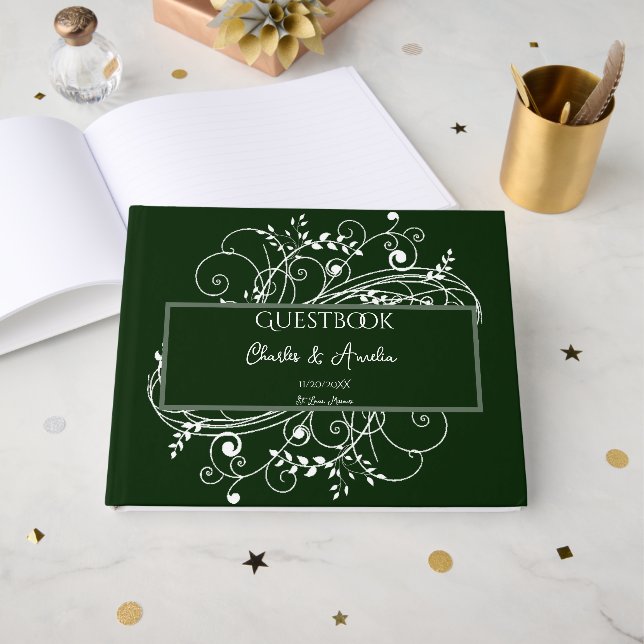 Emerald Green Flourish Wedding Guest Book (Front Open)