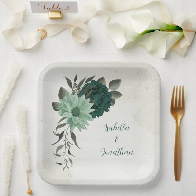 emerald green flowers botanical paper plate (Wedding)