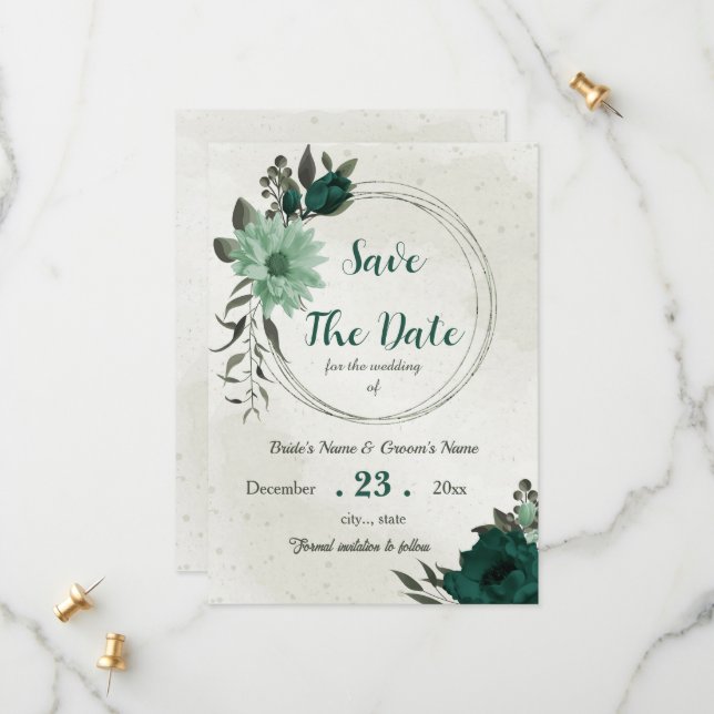 emerald green flowers botanical save the date (Front/Back In Situ)