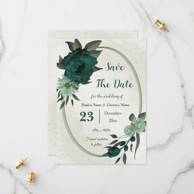 emerald green flowers botanical save the date (Front/Back In Situ)
