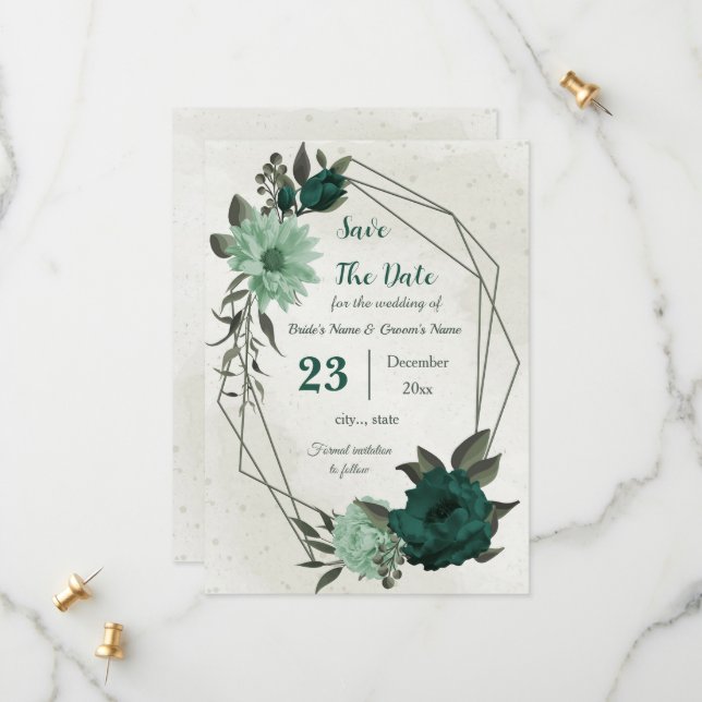 emerald green flowers botanical save the date (Front/Back In Situ)