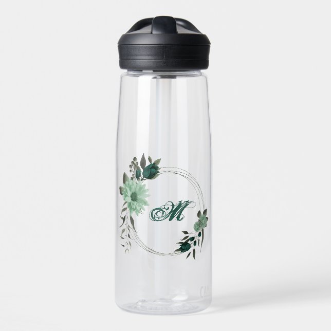 emerald green flowers botanical water bottle (Front)