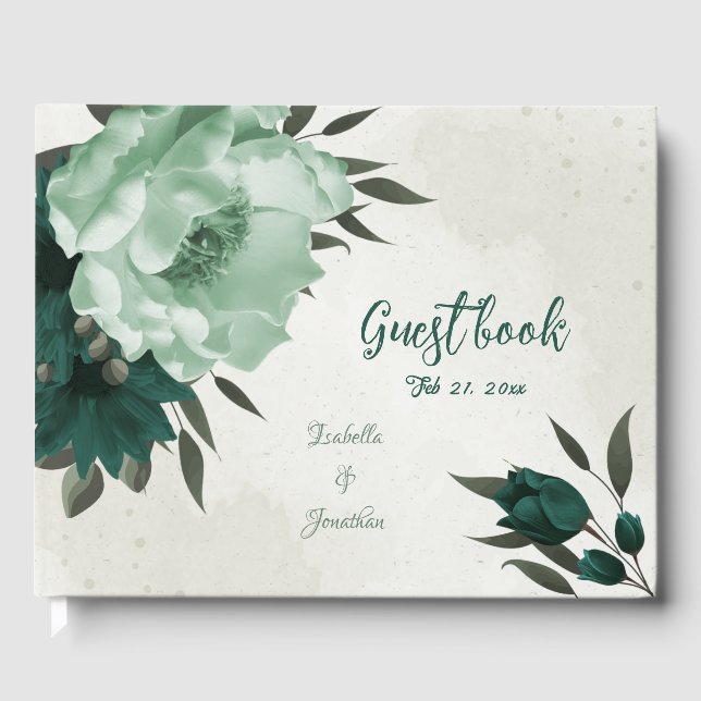 emerald green flowers botanical wedding  guest book (Front)