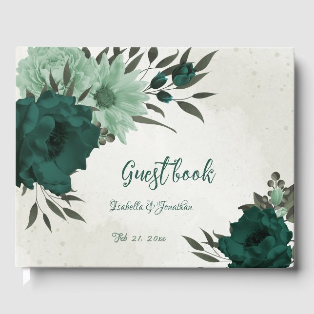 emerald green flowers botanical wedding  guest book (Front)