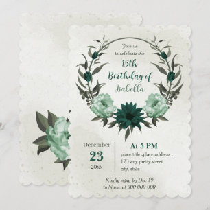 emerald green flowers botanical wreath birthday invitation