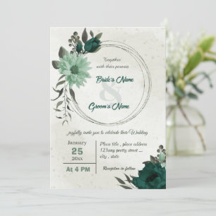 emerald green flowers botanical wreath wedding invitation