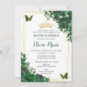 Emerald Green Flowers Floral Quinceañera Butterfly Invitation