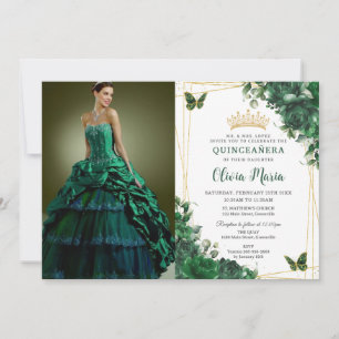 Emerald Green Flowers Floral Quinceañera Picture Invitation