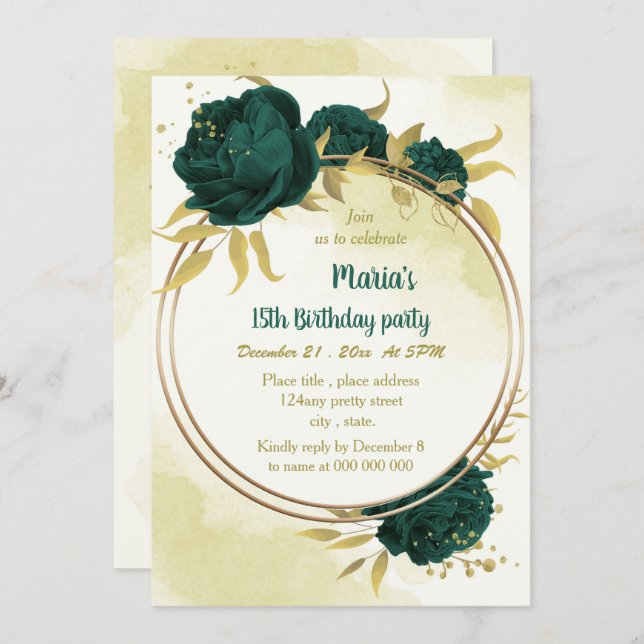 Emerald green flowers gold leaves birthday  invitation (Front/Back)