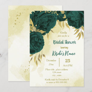 Emerald green flowers gold leaves bridal shower invitation