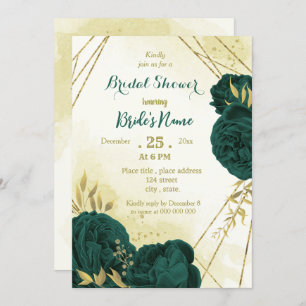 Emerald green flowers gold leaves bridal shower invitation