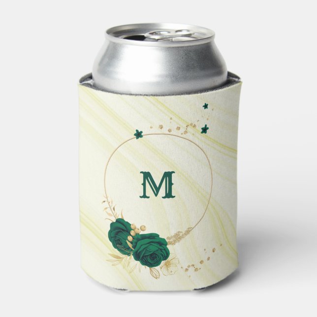 emerald green flowers gold leaves marble can cooler (Can Front)