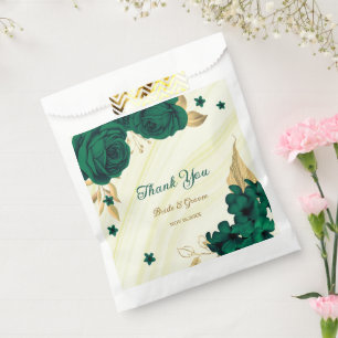 emerald green flowers gold leaves marble favour bag