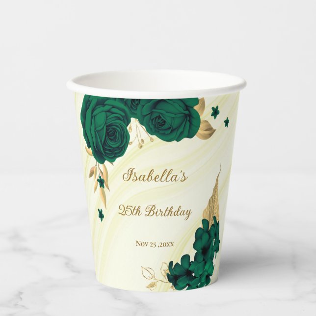 emerald green flowers gold leaves marble paper cups (Front)