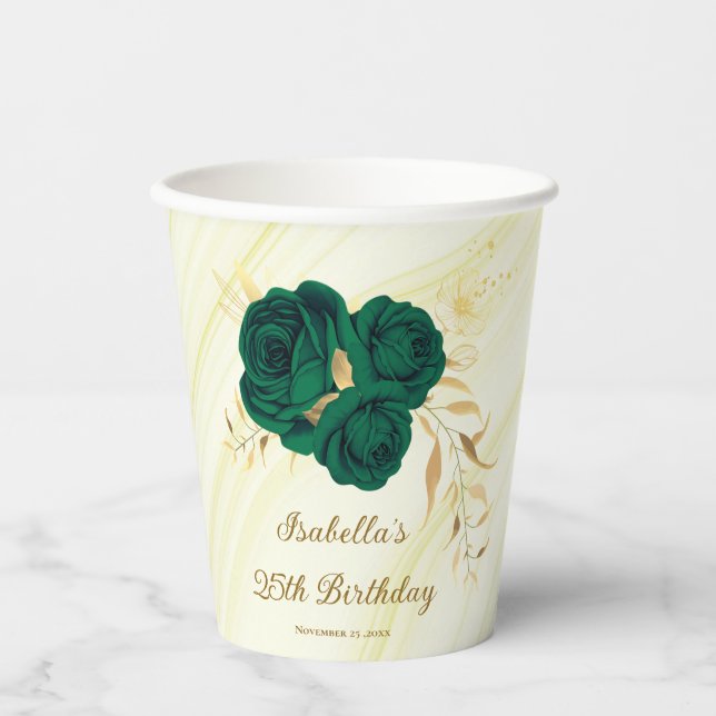 emerald green flowers gold leaves marble paper cups (Front)