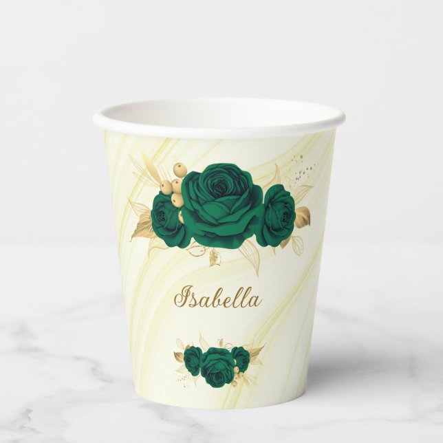 emerald green flowers gold leaves marble paper cups (Front)