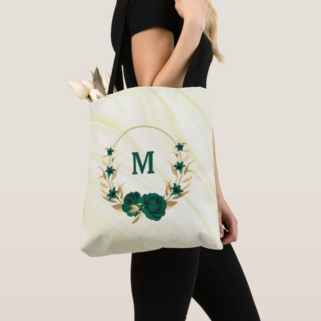 emerald green flowers gold leaves marble tote bag (Close Up)