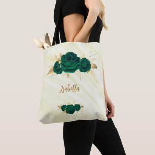 emerald green flowers gold leaves marble tote bag