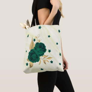 emerald green flowers gold leaves marble tote bag