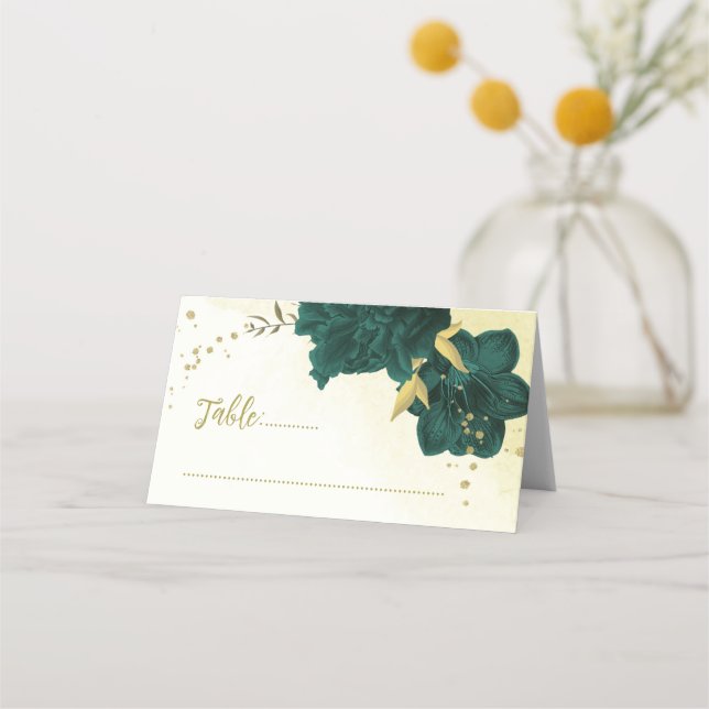 Emerald green flowers gold leaves place card (Front)