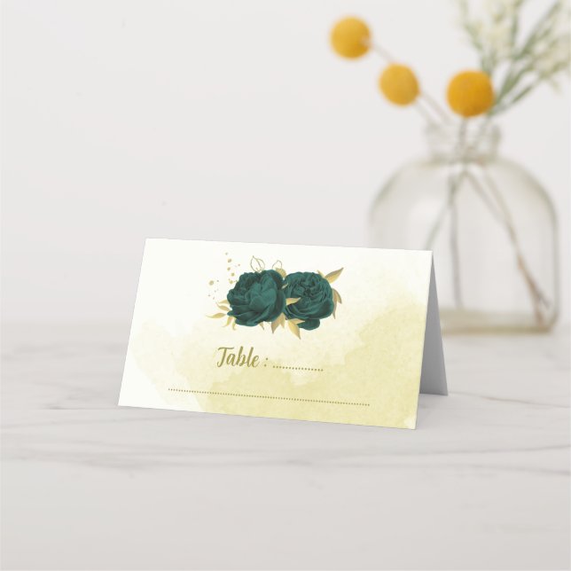 Emerald green flowers gold leaves place card (Front)