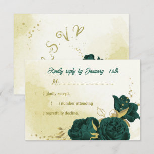 Emerald green flowers gold leaves RSVP card