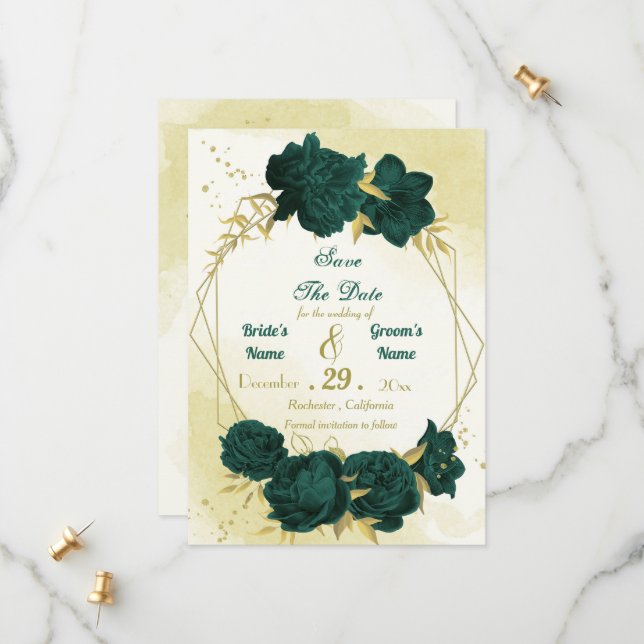 Emerald green flowers gold leaves save the date (Front/Back In Situ)