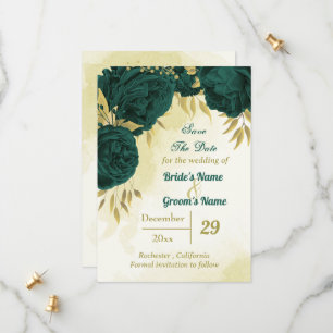 Emerald green flowers gold leaves save the date