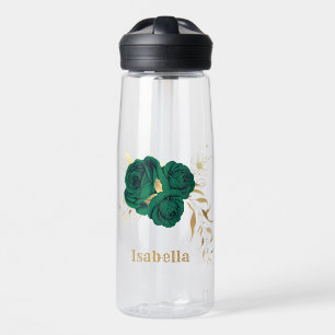 emerald green flowers gold leaves water bottle