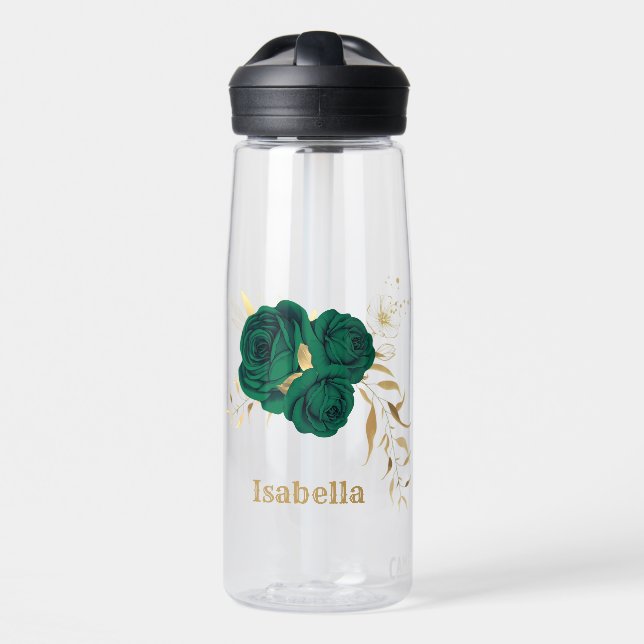 emerald green flowers gold leaves water bottle (Front)