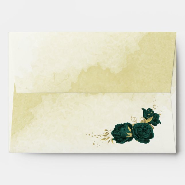 Emerald green flowers gold leaves wedding envelope (Back (Top Flap))